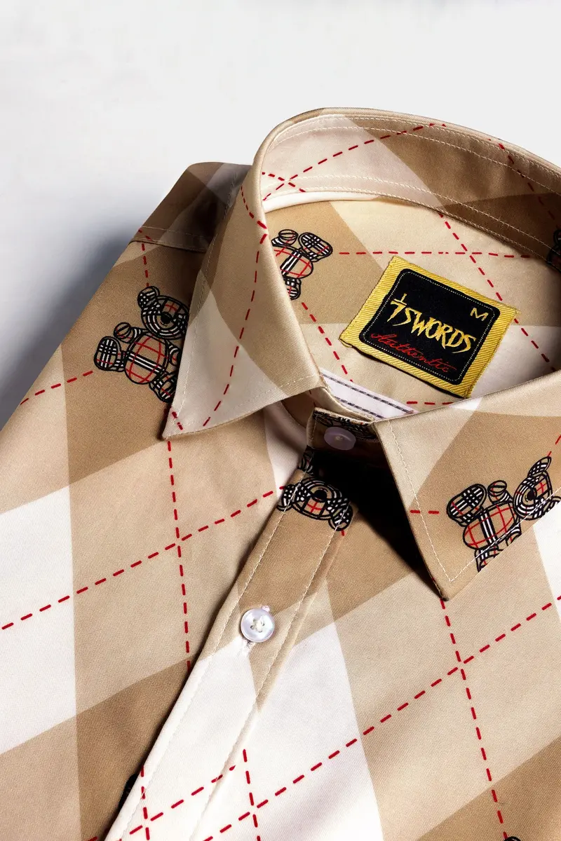 7Swords-Beaver Brown And White Geometric With Teddy Bear Printed Premium Cotton Shirt 1
