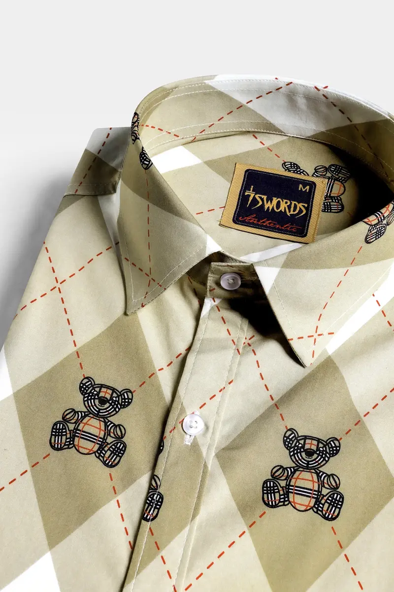 7Swords-Beaver Brown With White And Milano Red Geometric With Teddy Bear Printed Premium Cotton Shirt 1