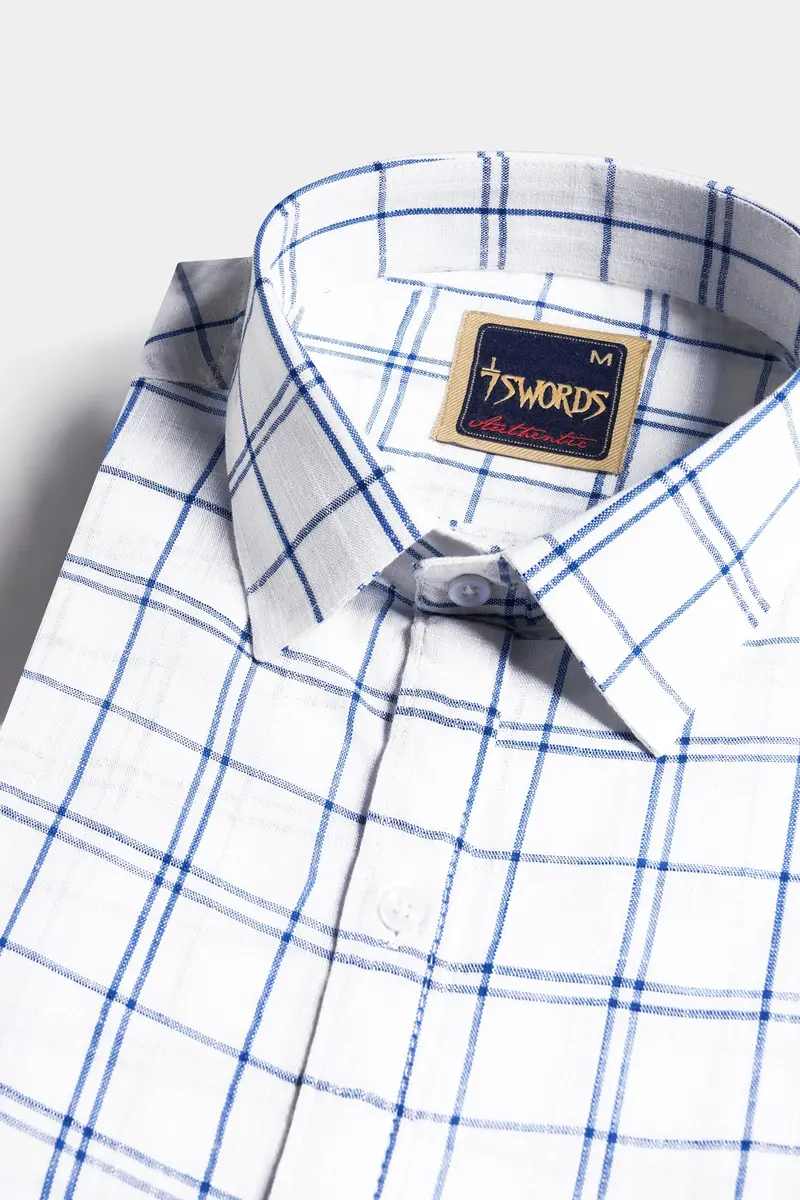 7Swords-Bright White And Azure Blue Plaid Premium Cotton Shirt 1