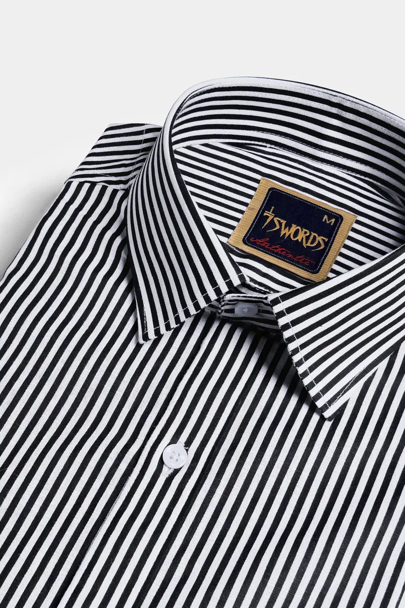7Swords-Bright White And Black Striped Premium Cotton Shirt 1