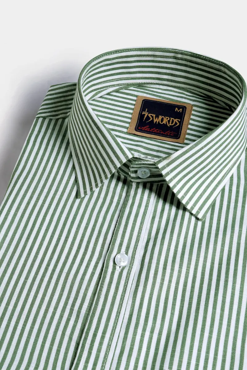 7Swords-Bright White And Cactus Green Striped Premium Cotton Shirt 1