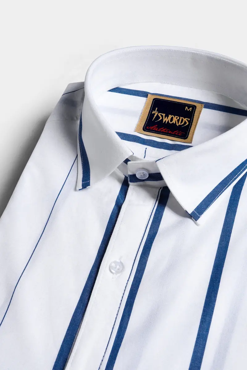 7Swords-Bright White And Dusky Blue Striped Premium Cotton Shirt 1