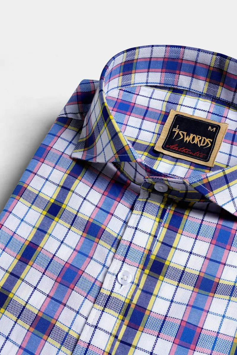7Swords-Bright White And Lapis Blue Multicolour Checkered Premium Cotton Shirt 1