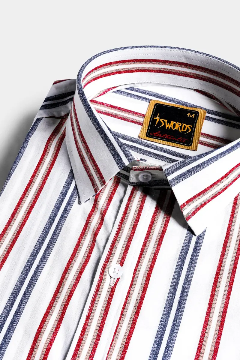 7Swords-Bright White And Maple Red Multicolour Striped Premium Cotton Shirt 1