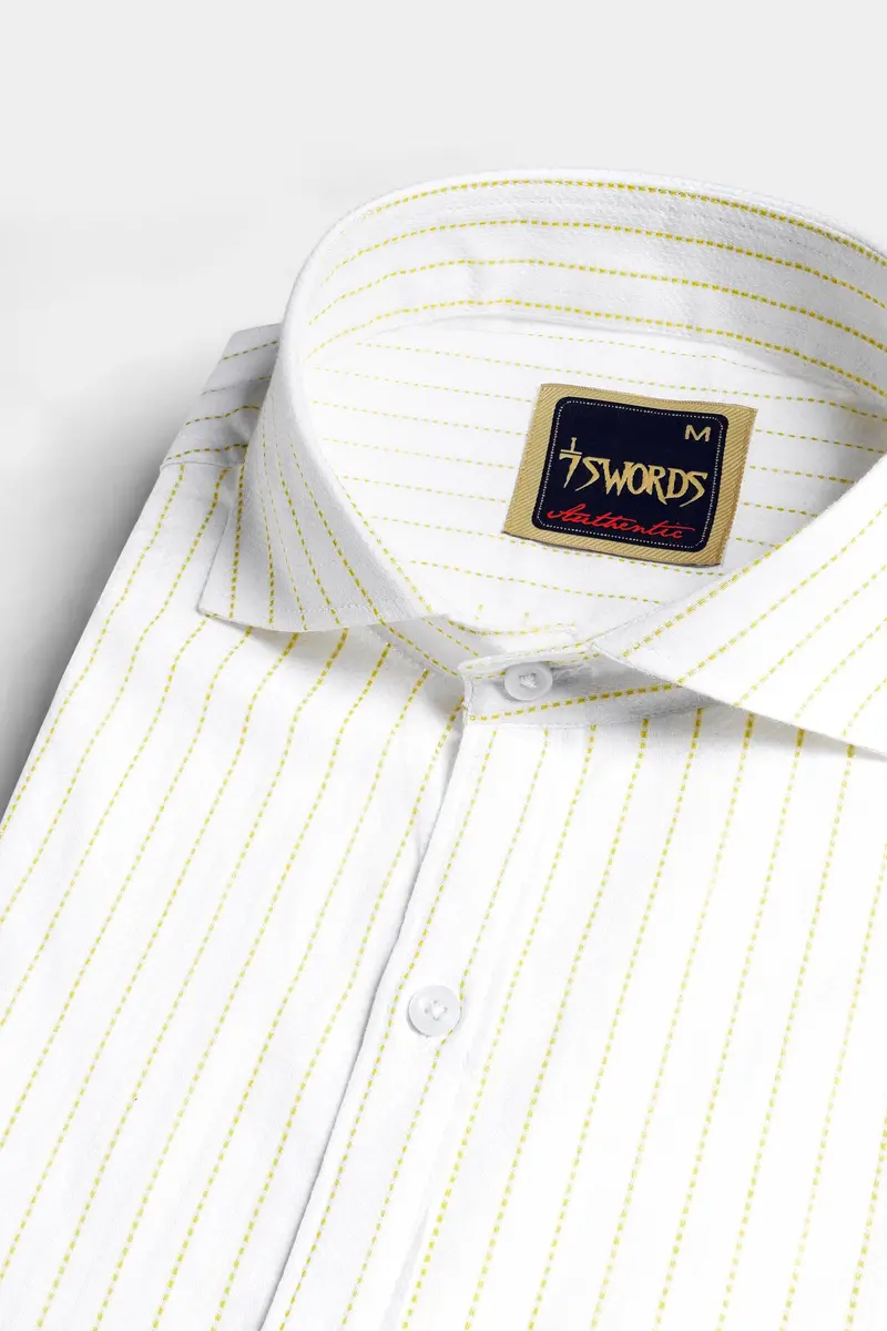 7Swords-Bright White And Sandy Yellow Striped Premium Cotton Shirt 1