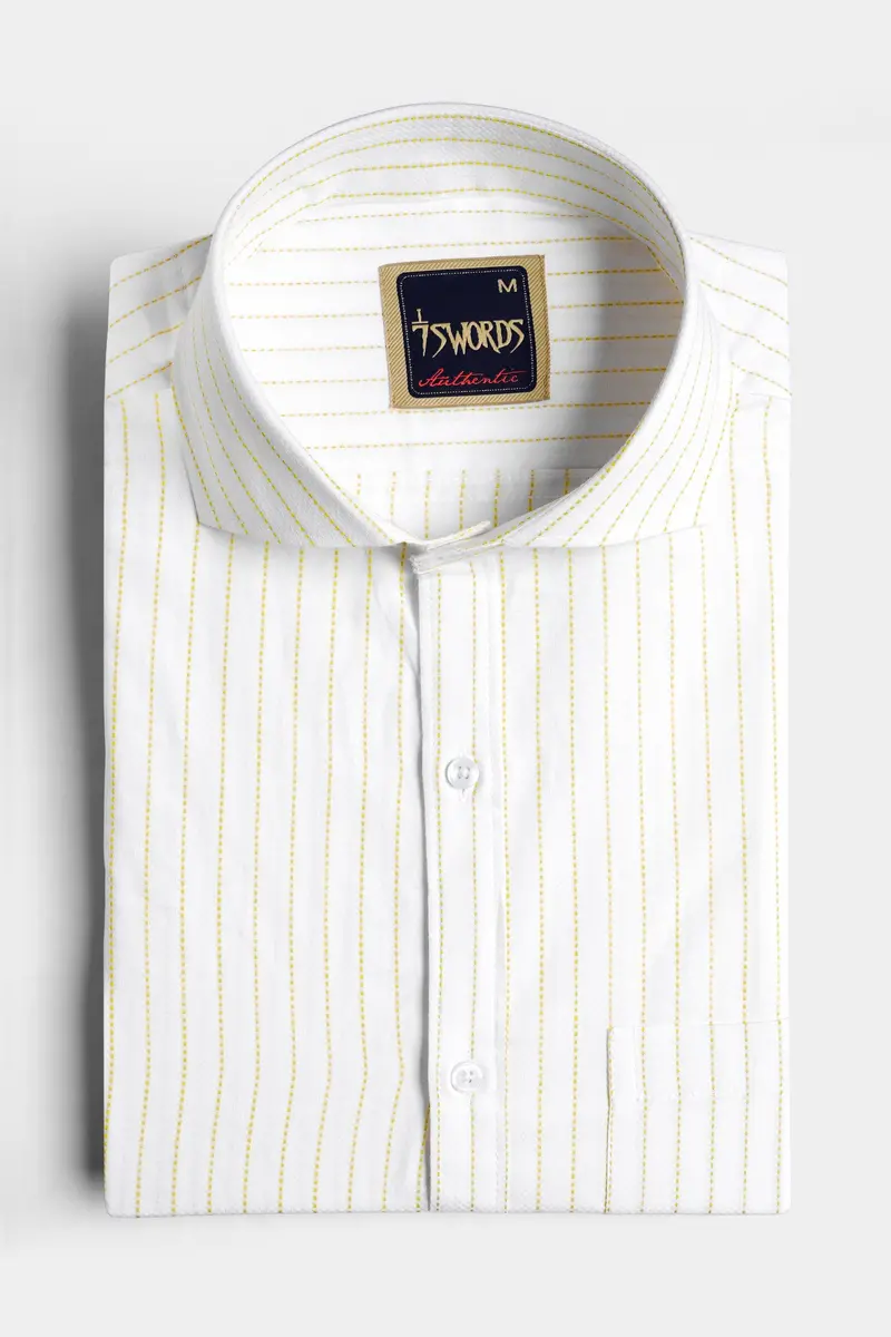7Swords-Bright White And Sandy Yellow Striped Premium Cotton Shirt 3