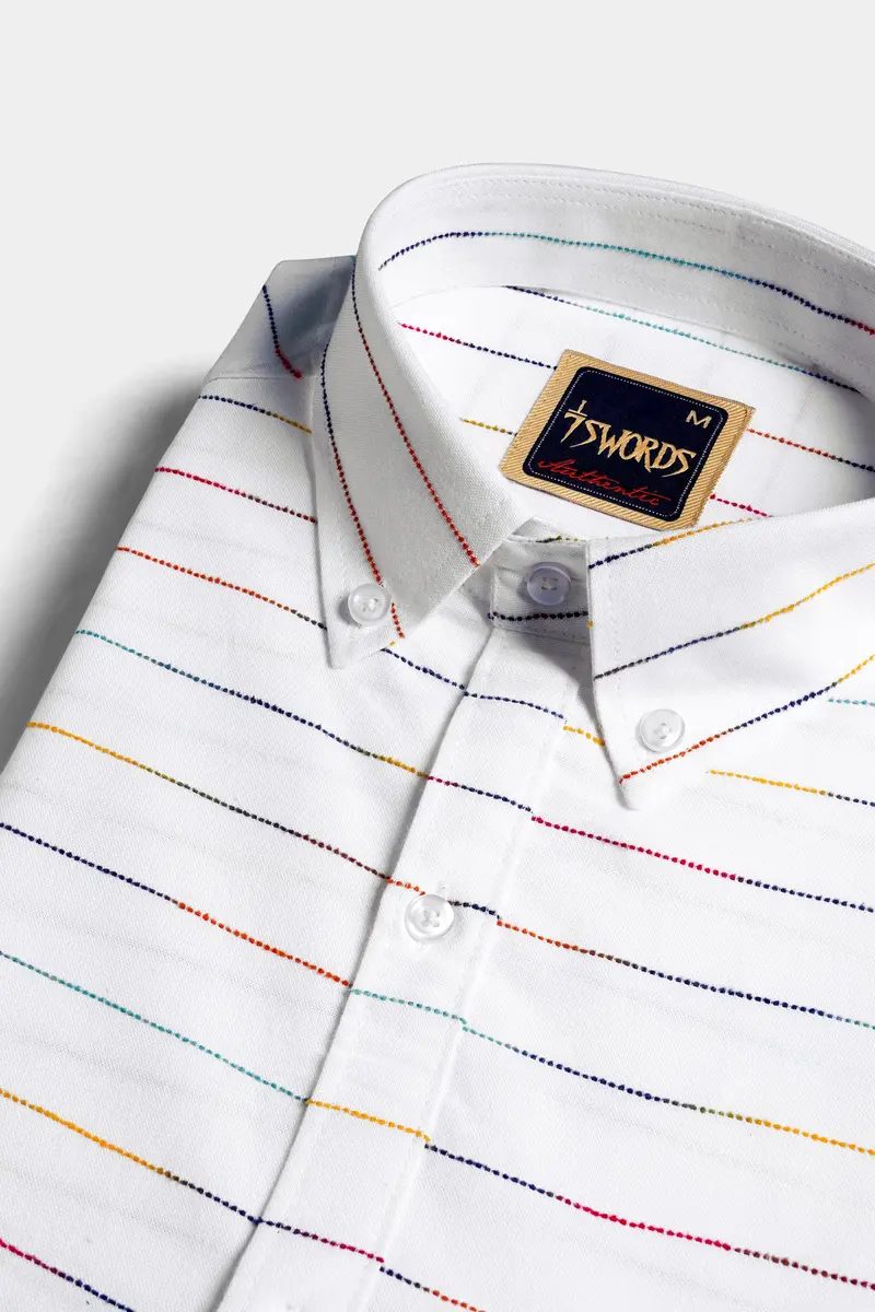 7Swords-Bright White Multicolour Striped Premium Cotton Shirt 1