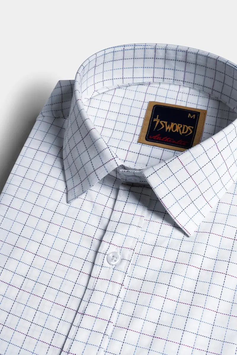 7Swords-Bright White With Camelot Maroon And Mantique Blue Checkered Premium Cotton Shirt 1