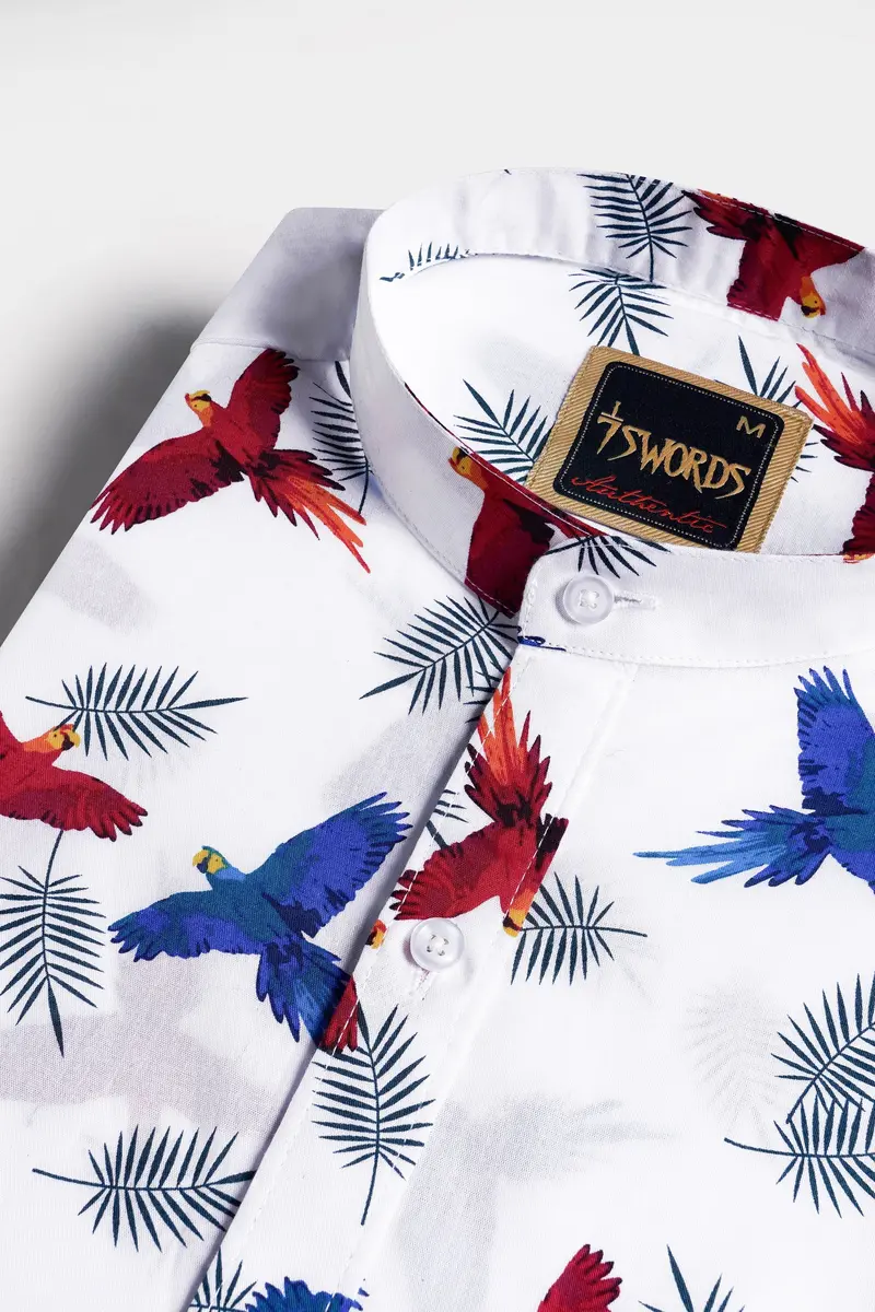 7Swords-Bright White With Carmine Red And Cobalt Blue Birds Printed Premium Cotton Shirt 1