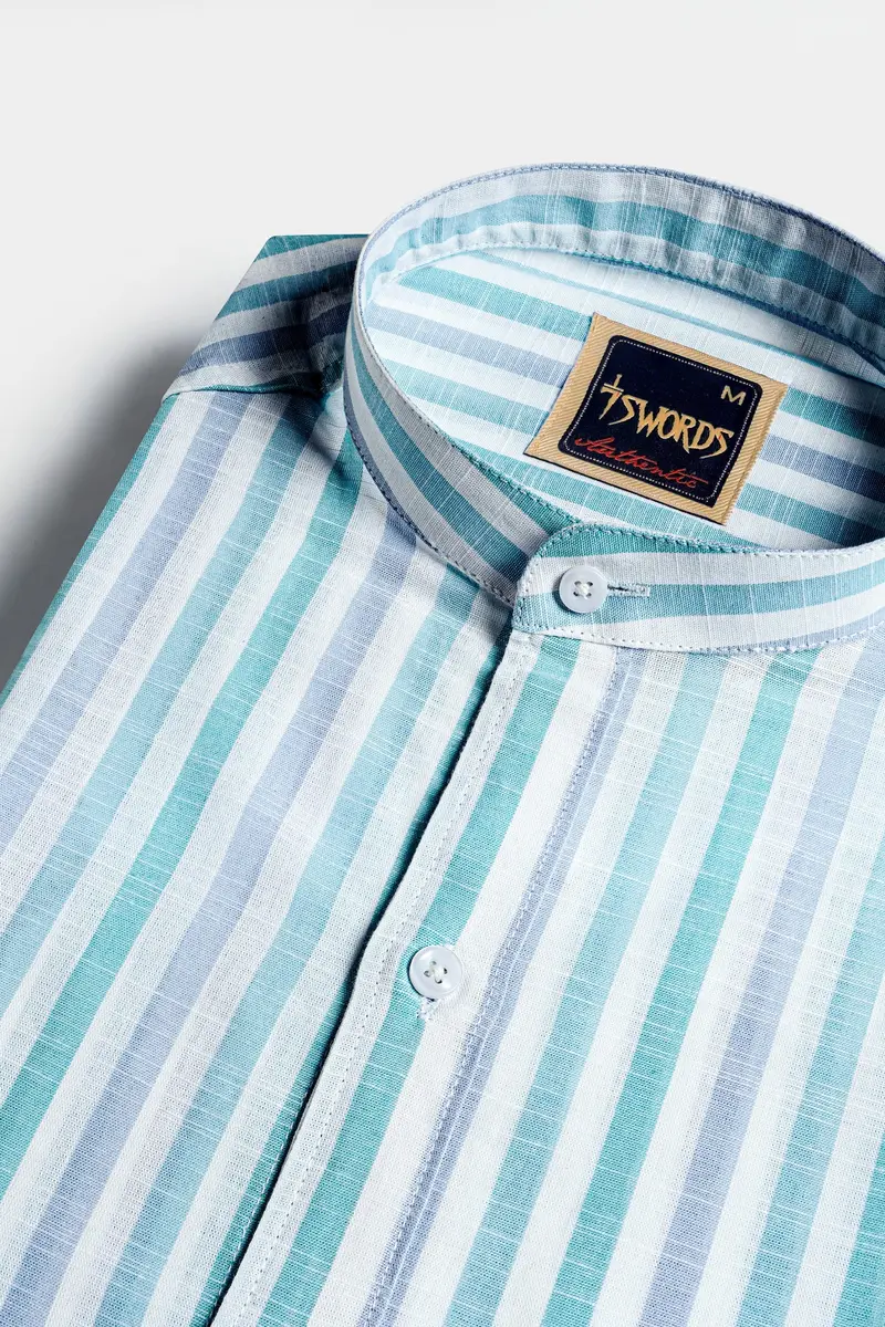 7Swords-Bright White With Cascade Green And Yonder Blue Striped Premium Cotton Shirt 1