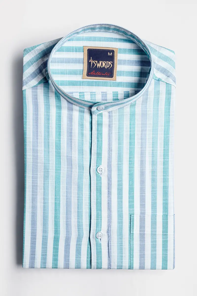 7Swords-Bright White With Cascade Green And Yonder Blue Striped Premium Cotton Shirt 3