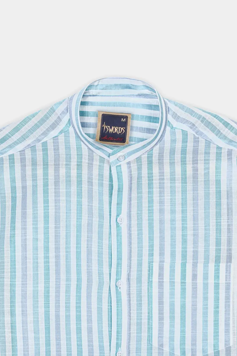 7Swords-Bright White With Cascade Green And Yonder Blue Striped Premium Cotton Shirt 4
