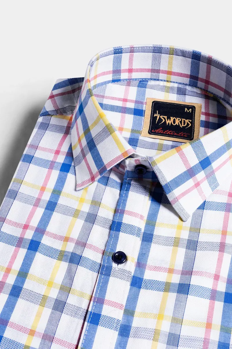 7Swords-Bright White With Tory Blue And Arylide Yellow Plaid Premium Cotton Shirt 1