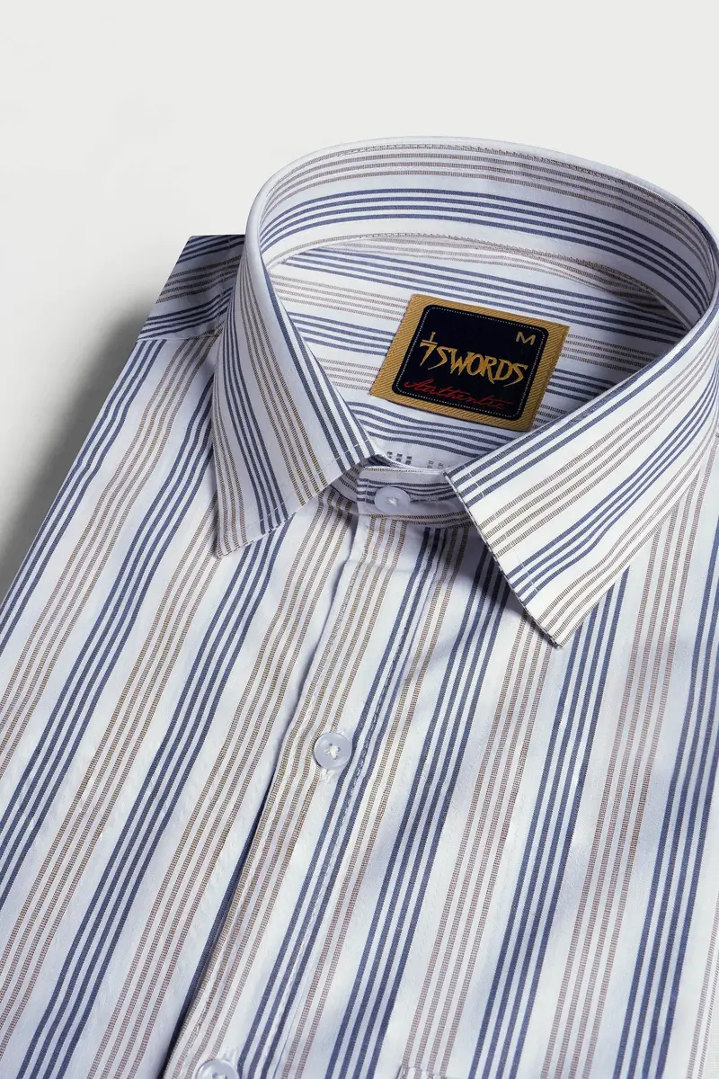 7Swords-Bright White With Vanilla Brown And Fiord Blue Striped Premium Cotton Shirt 1