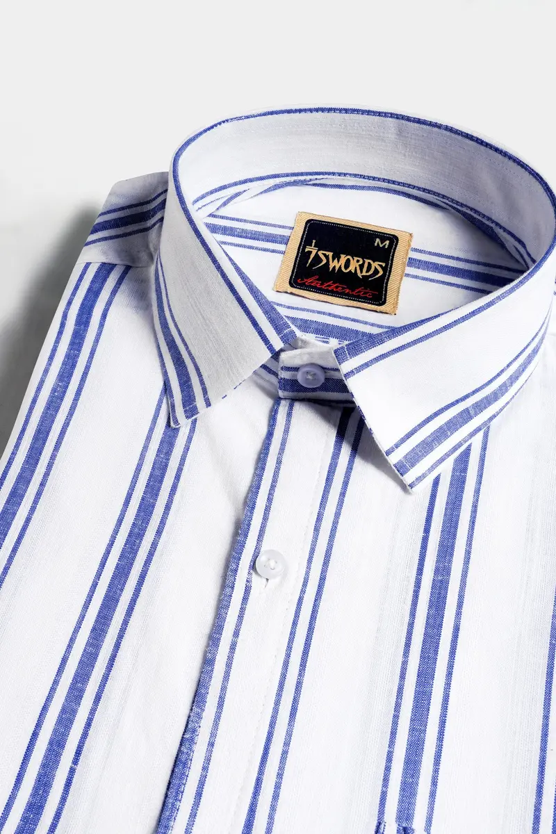 7Swords-Bright White With Wild Yonde Blue Striped Premium Cotton Shirt 1