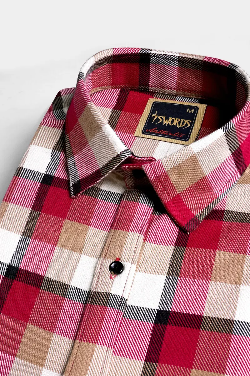 7Swords-Carmine Red With Beaver Brown And White Plaid Premium Cotton Shirt 1