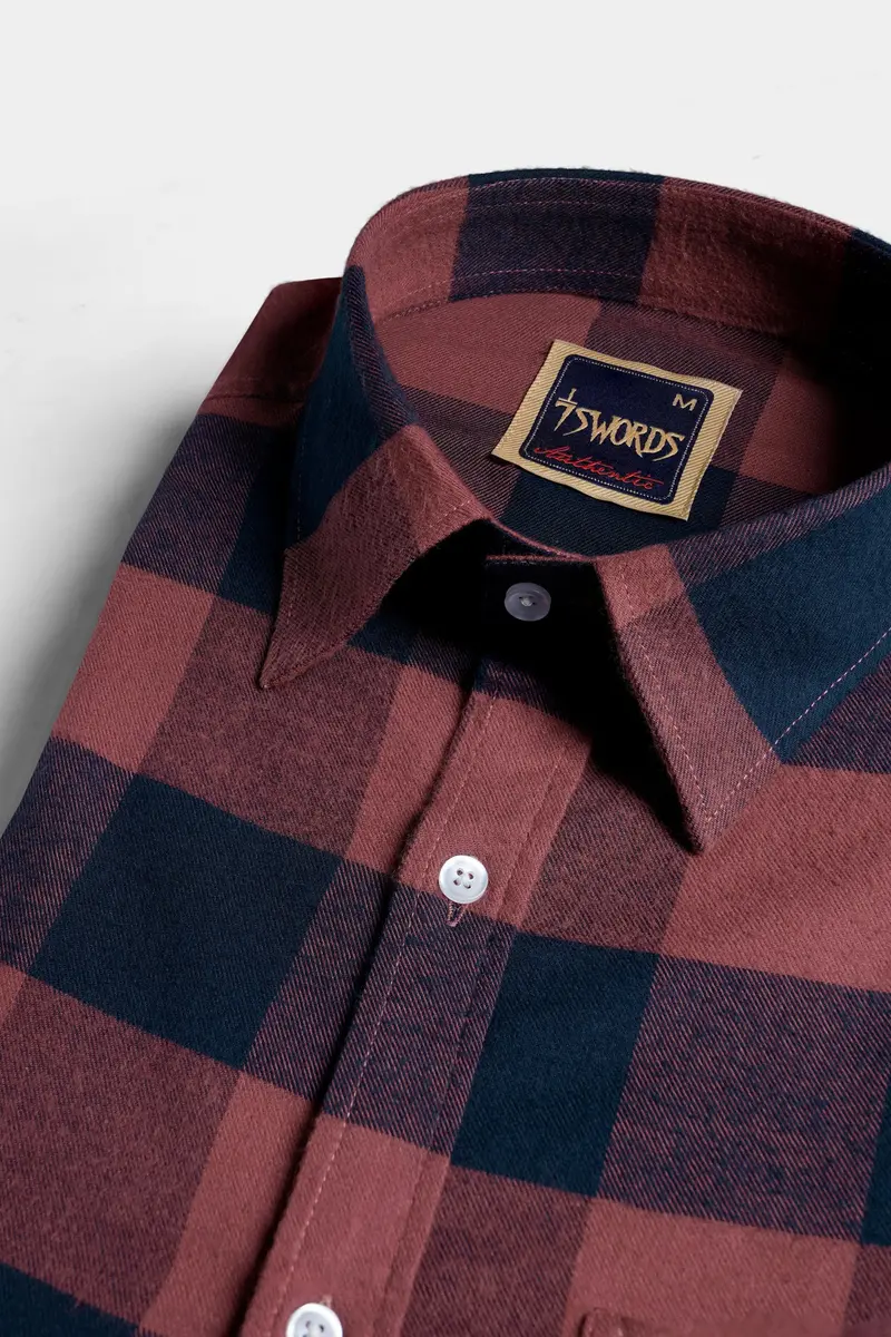 7Swords-Cordovan Brown And Firefly Blue Checked Premium Cotton Shirt 1