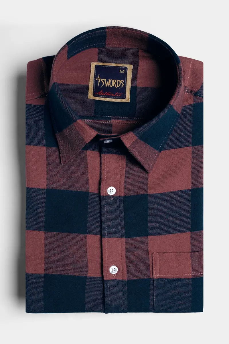 7Swords-Cordovan Brown And Firefly Blue Checked Premium Cotton Shirt 3