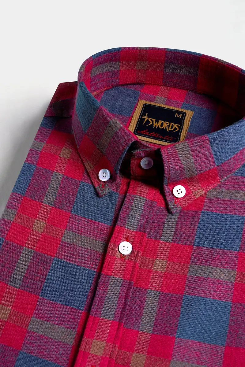 7Swords-Falu Red And Pickled Blue Checkered Premium Cotton Button Down Shirt 1