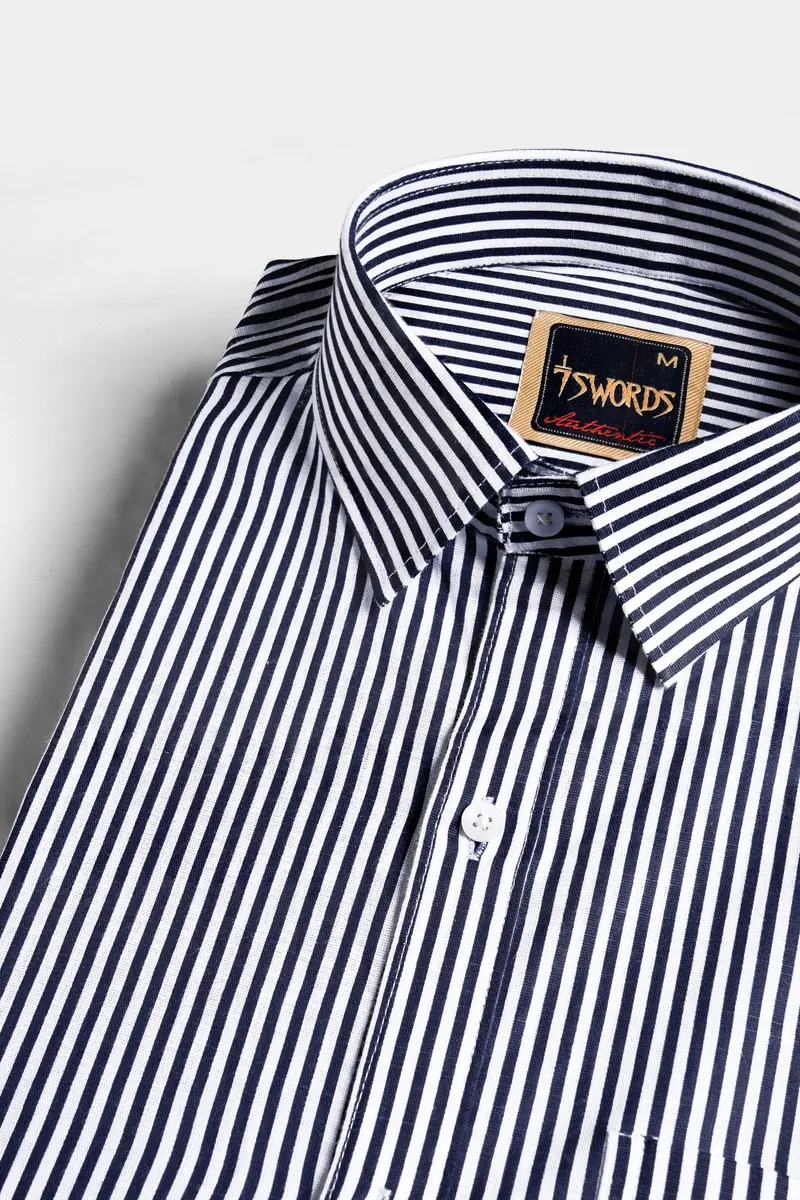 7Swords-Haiti Blue And Bright White Striped Premium Cotton Shirt 1