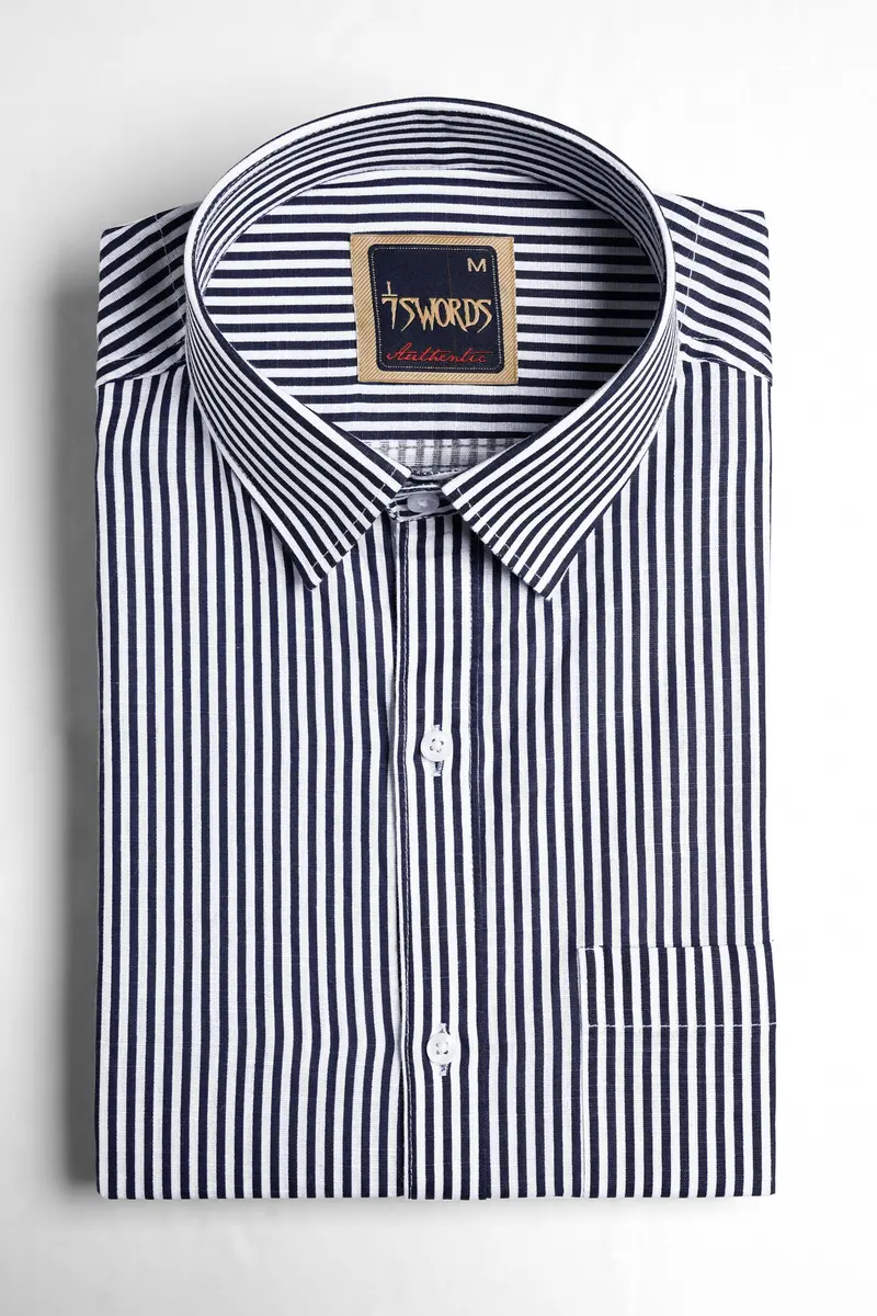 7Swords-Haiti Blue And Bright White Striped Premium Cotton Shirt 3
