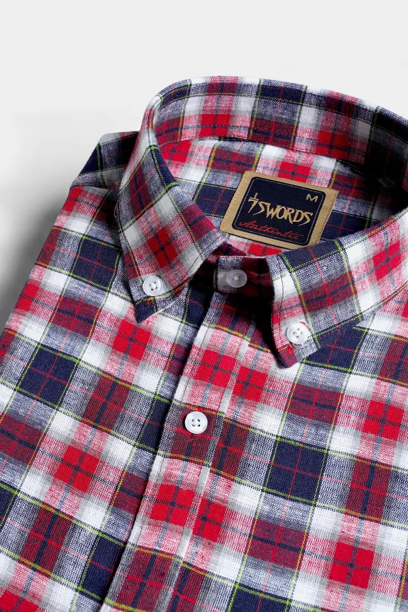 7Swords-Midnight Blue With Firebrick Red And White Plaid Premium Cotton Shirt 1