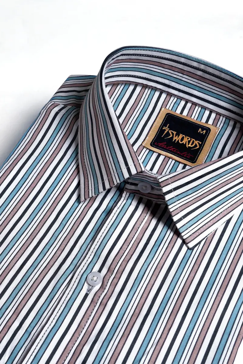 7Swords-Opium Brown With White And Wedgewood Blue Multicolour Striped Premium Cotton Shirt 1
