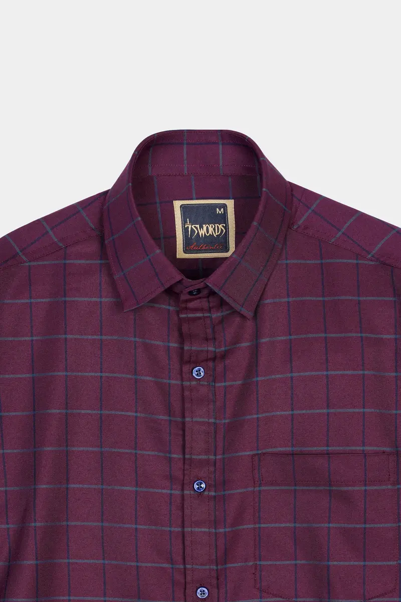 7Swords-Palatinate Burgundy And Slate Gray Windowpane Premium Cotton Shirt 4