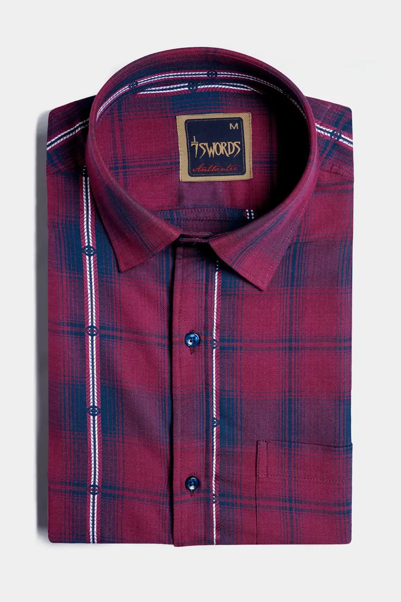7Swords-Pansy Maroon And Ebony Clay Blue Plaid Premium Cotton Shirt 3