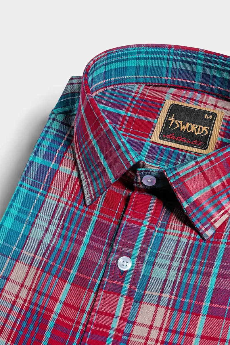 7Swords-Scarlet Red And Bondi Blue Multicolor Plaid Premium Cotton Shirt 1