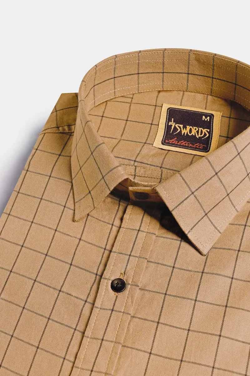 7Swords-Tan Brown And Jade Black Windowpane Premium Cotton Shirt 1