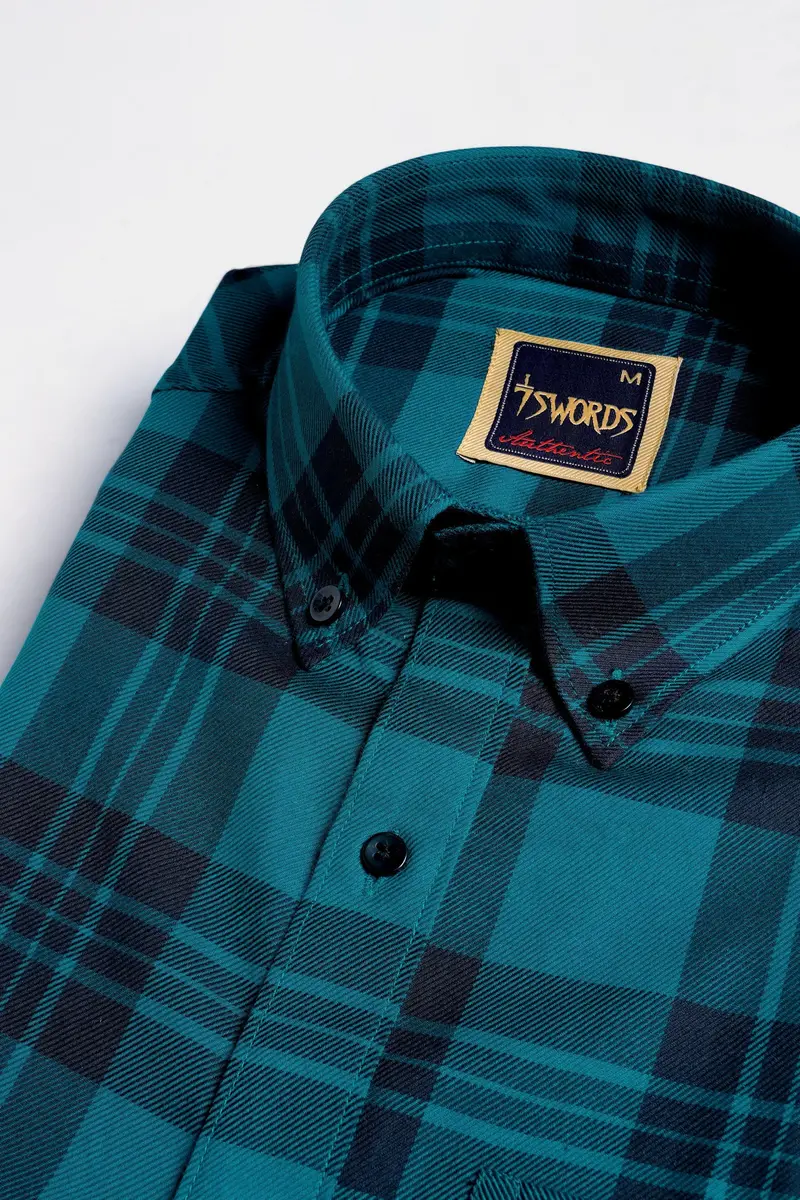 7Swords-Teal Blue And Haiti Blue Plaid Premium Cotton Button Down Shirt 1