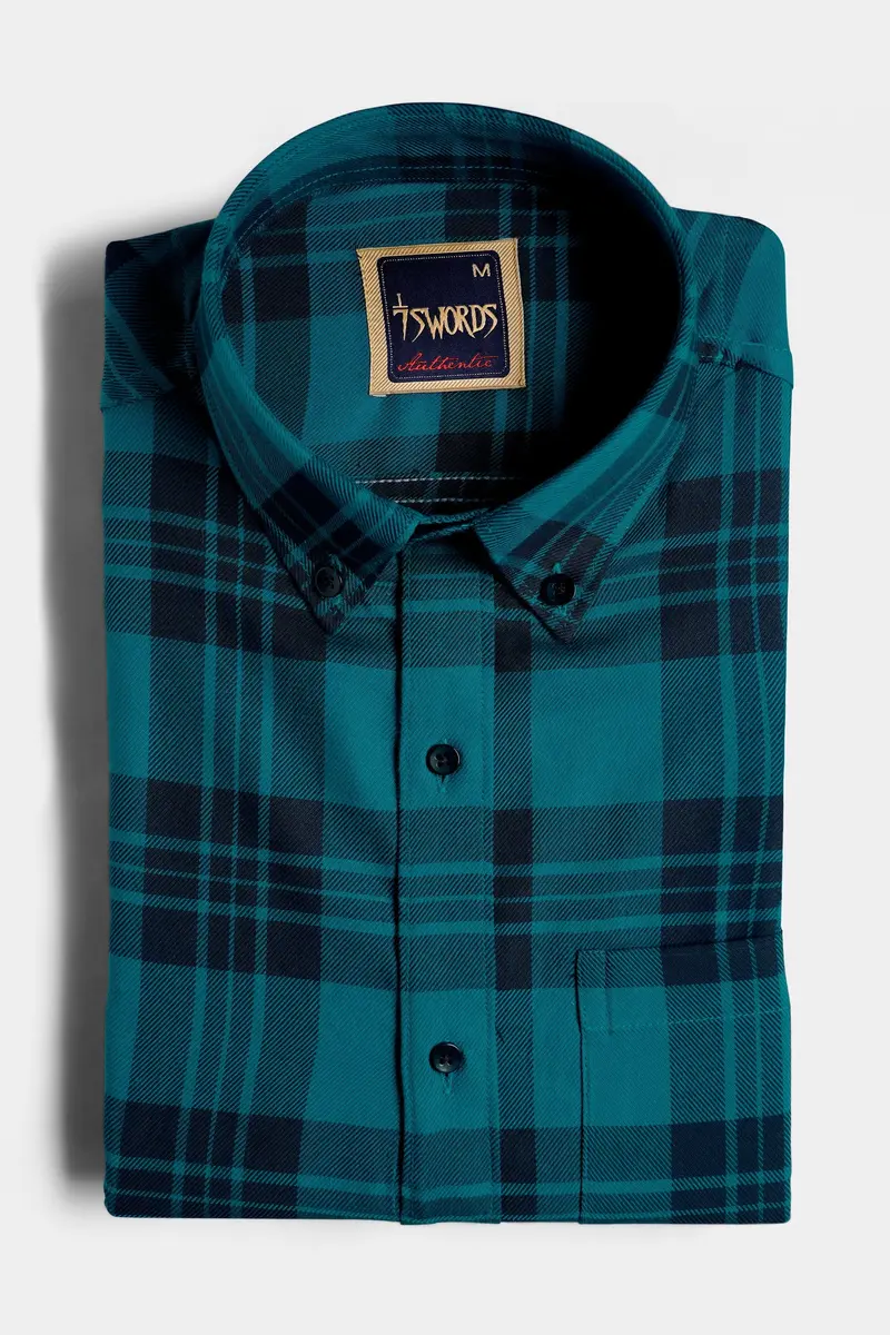 7Swords-Teal Blue And Haiti Blue Plaid Premium Cotton Button Down Shirt 3