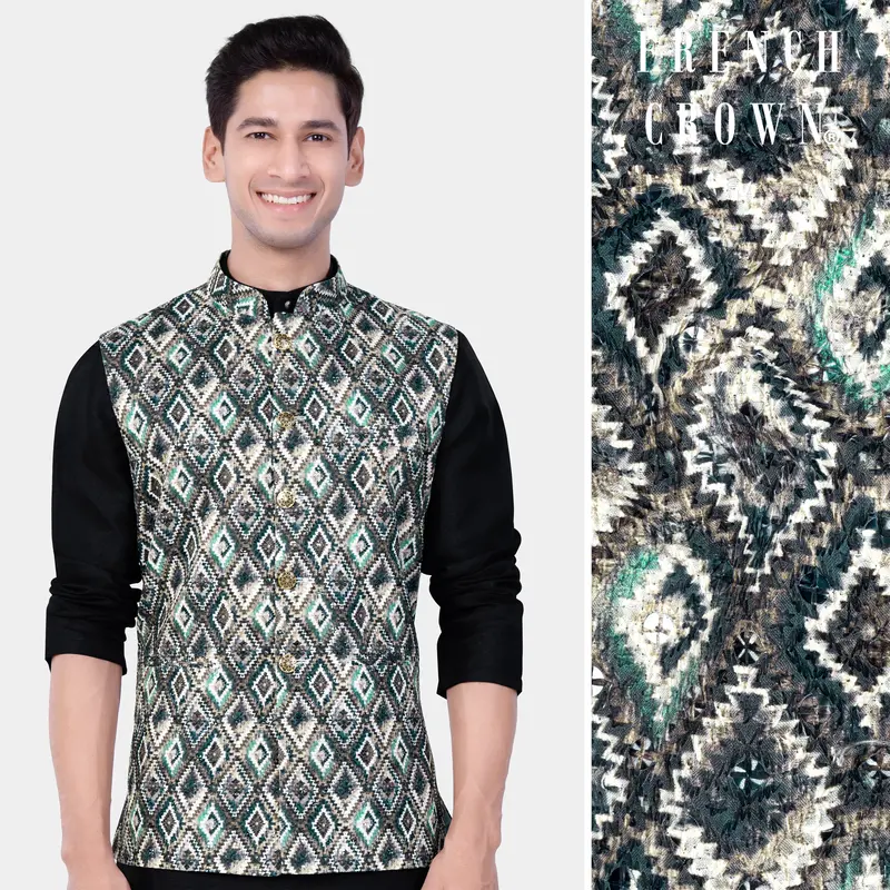 Abbey Gray And Outer Space Blue Designer Embroidered Nehru Jacket 1