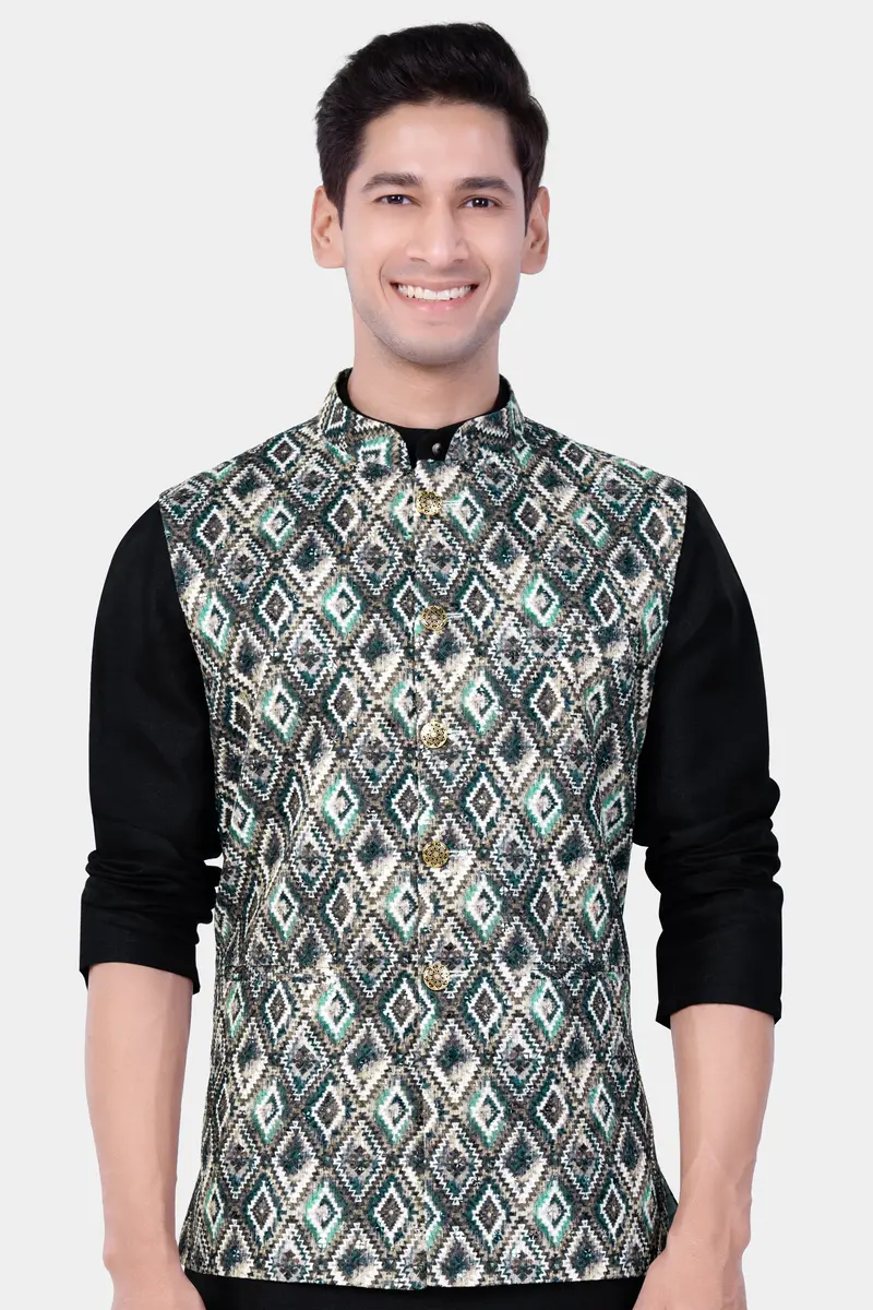 Abbey Gray And Outer Space Blue Designer Embroidered Nehru Jacket 2