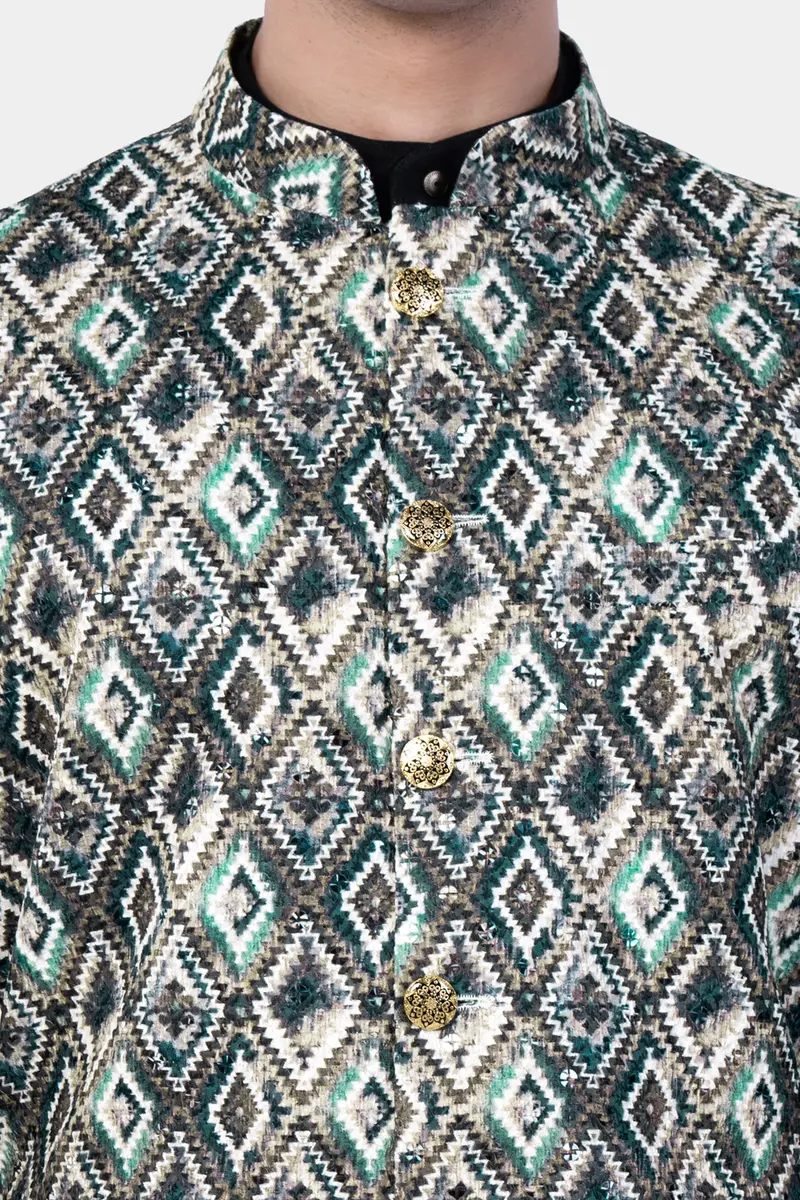 Abbey Gray And Outer Space Blue Designer Embroidered Nehru Jacket 4