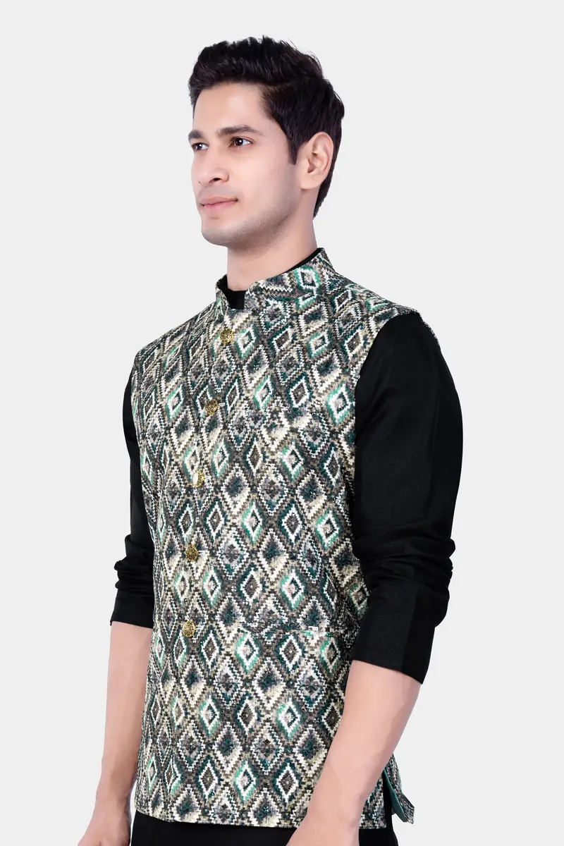 Abbey Gray And Outer Space Blue Designer Embroidered Nehru Jacket 5
