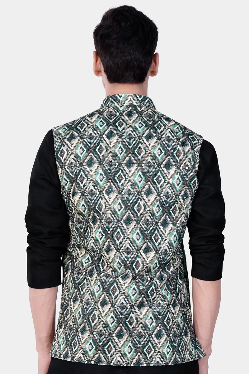 Abbey Gray And Outer Space Blue Designer Embroidered Nehru Jacket 6