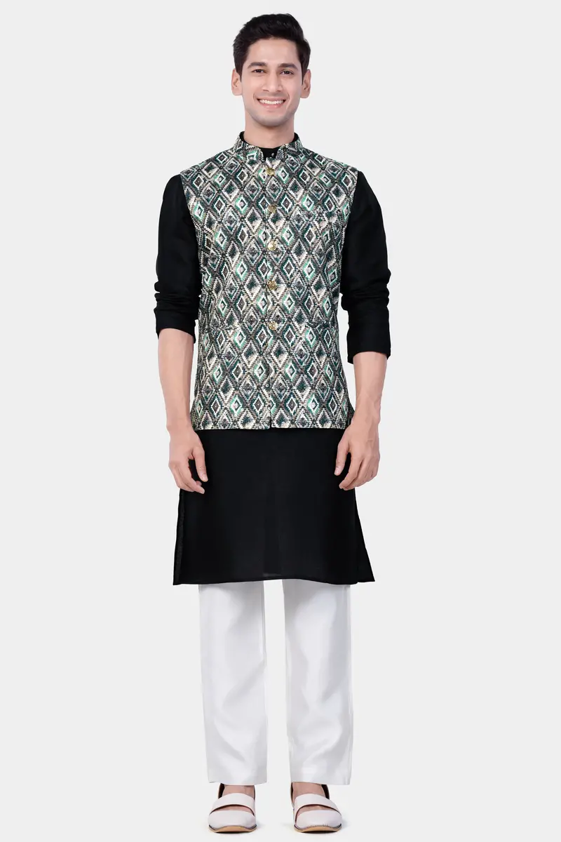 Abbey Gray And Outer Space Blue Designer Embroidered Nehru Jacket 7
