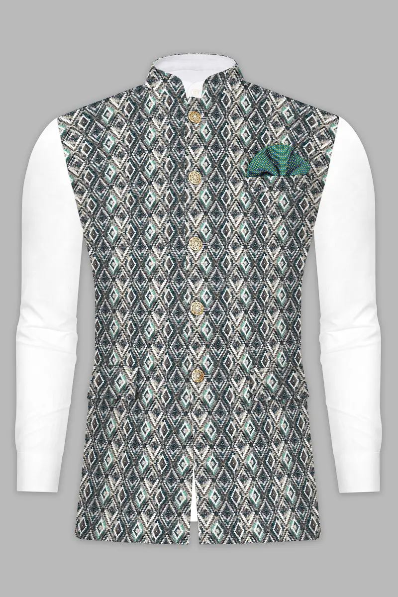Abbey Gray And Outer Space Blue Designer Embroidered Nehru Jacket 8