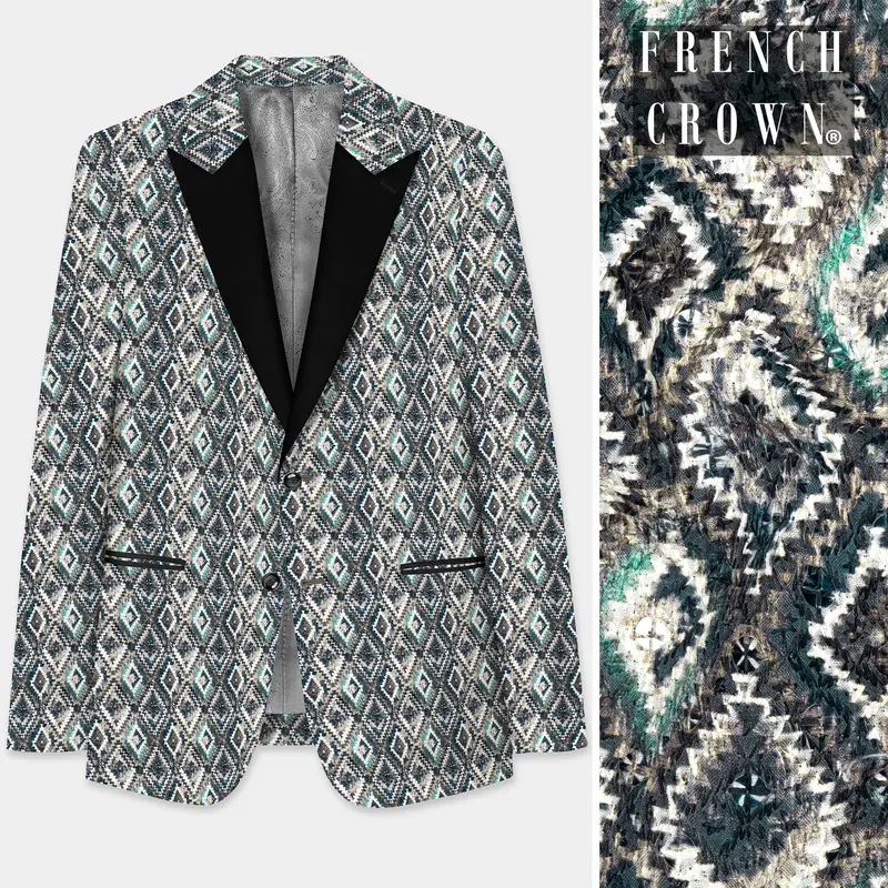 Abbey Gray And Outer Space Blue Designer Embroidered Peak Lapel Tuxedo Blazer 1