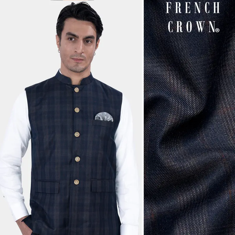Admiral Blue And Cinereous Brown Plaid Wool Rich  Nehru Jacket 1
