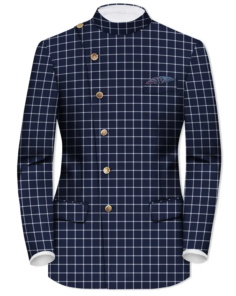 Admiral Blue And White Windowpane Wool Rich Cross Placket Bandhgala Blazer 1