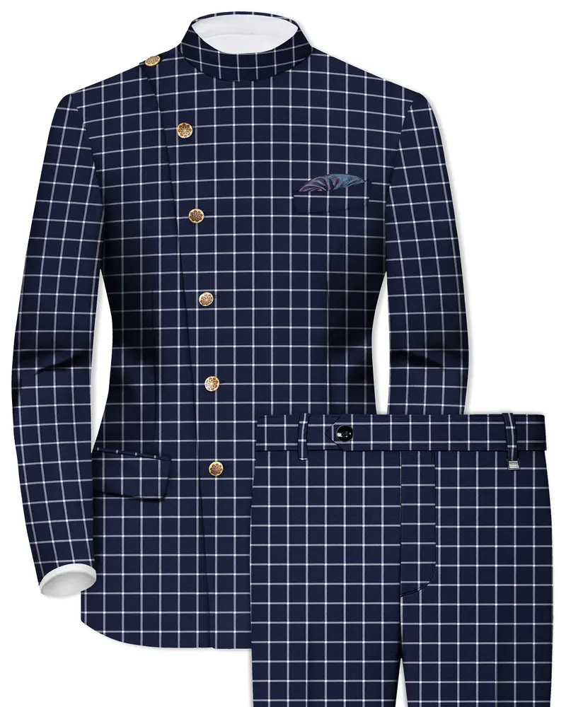 Admiral Blue And White Windowpane Wool Rich Cross Placket Bandhgala Suit 1