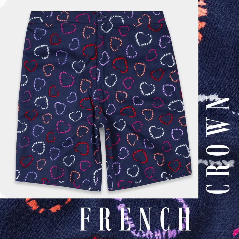 Admiral Blue With Multicolor Hearts Printed Corduroy Shorts 1
