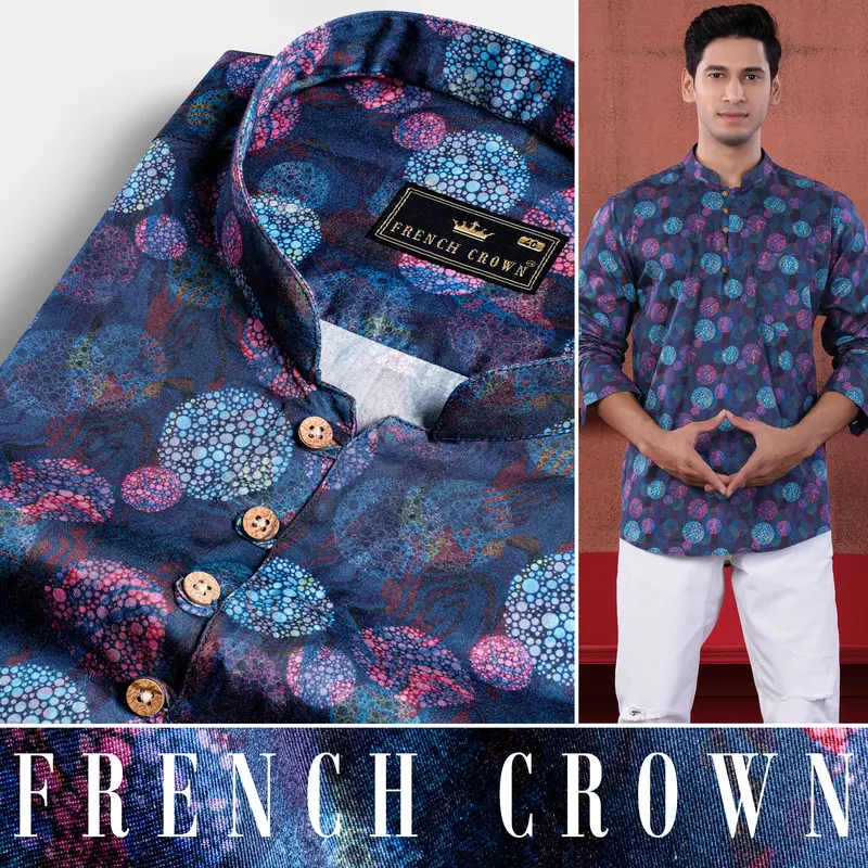 Admiral Blue With Rouge Pink Multicolour Abstract Printed Subtle Sheen Super Soft Premium Cotton Kurta Shirt 5