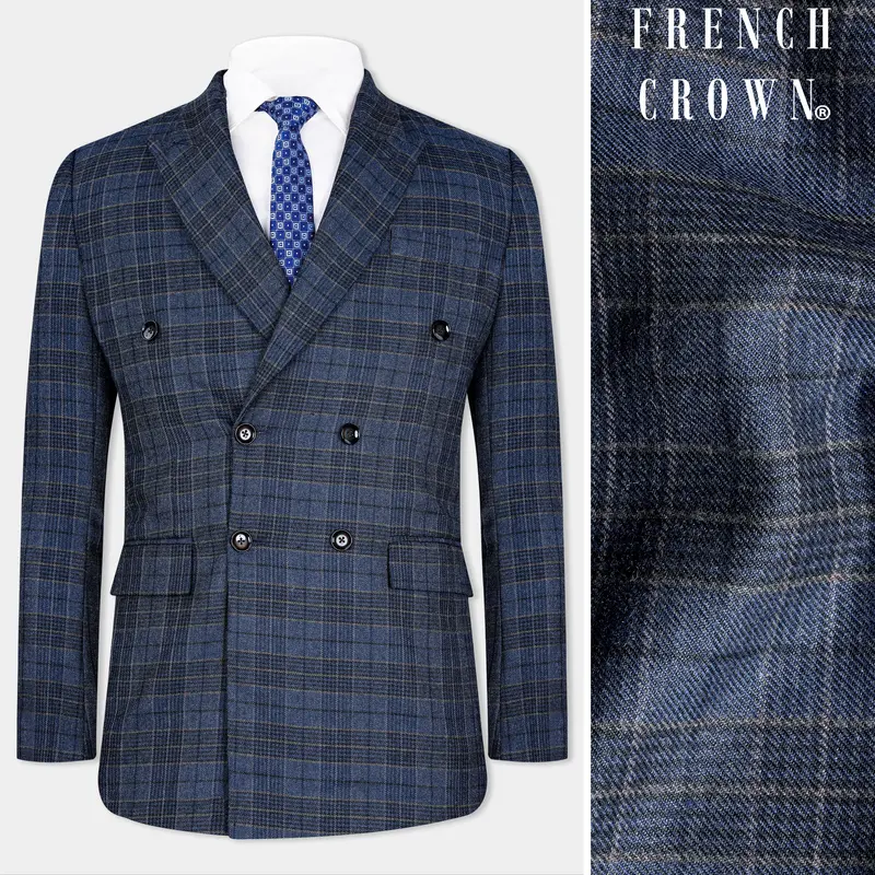 Aegean Blue And Ebony Clay Blue Plaid Tweed Double Breasted Blazer 1