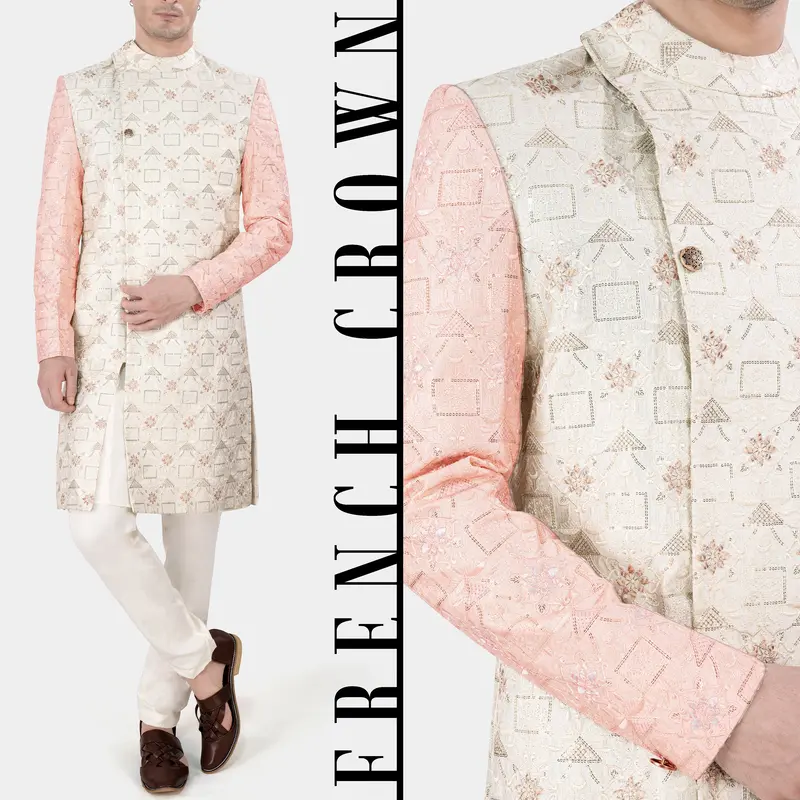Alabaster Cream And Blush Pink Embroidered With Sequins Work Sherwani With Cream Kurta And Pajama Set 1