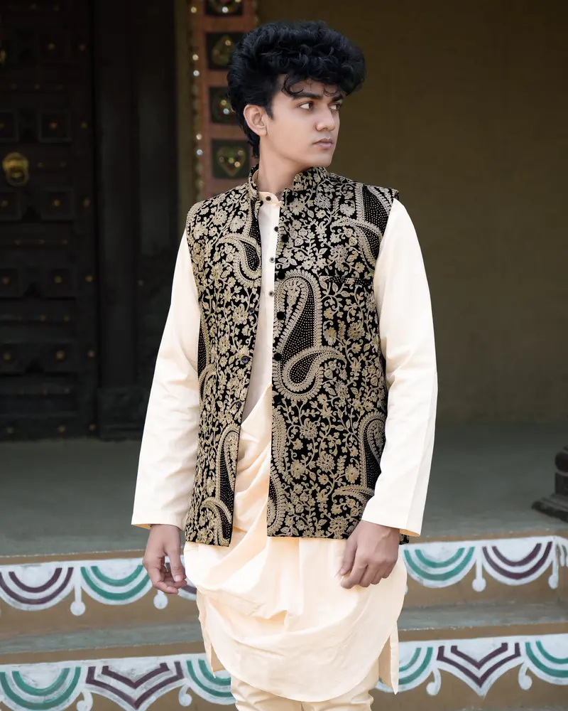 Albescent Beige Velvet Tikki Work With Cotton Embroidered Thread Work Badhgala Sherwani 1