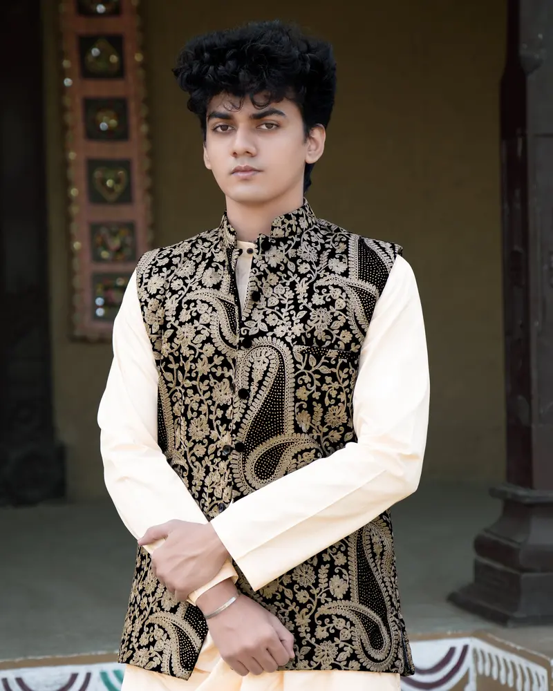 Albescent Beige Velvet Tikki Work With Cotton Embroidered Thread Work Badhgala Sherwani 2